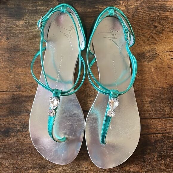Giuseppe Zanotti Teal Swarovski Crystal Metallic Emerald Leather Sandals 6.5 - Picture 4 of 9